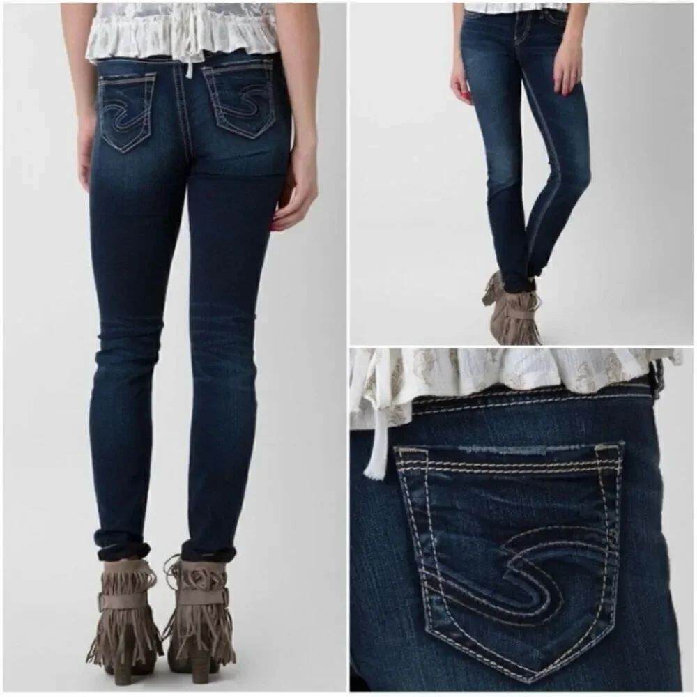Silver Womens 24x31 Suki Skinny Jeans Mid-Rise Dark Denim Curvy Fit Stretchy New